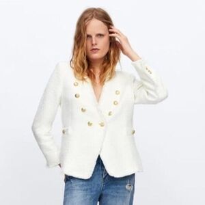 ZARA White Double Breasted Tweed Blazer Women White Medium